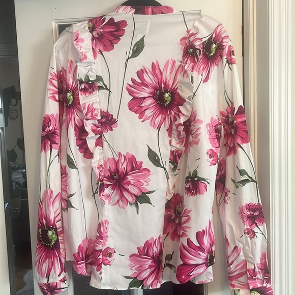 The Shirt by Rochelle Behrens White Pink Floral Ruffle Front Blouse Sz XL - Picture 4 of 5